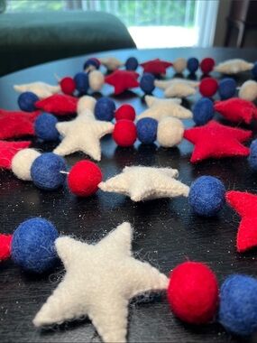 Pair of Hand Stitched Felted Wool Red White Blue Patriotic Garland 4th of July